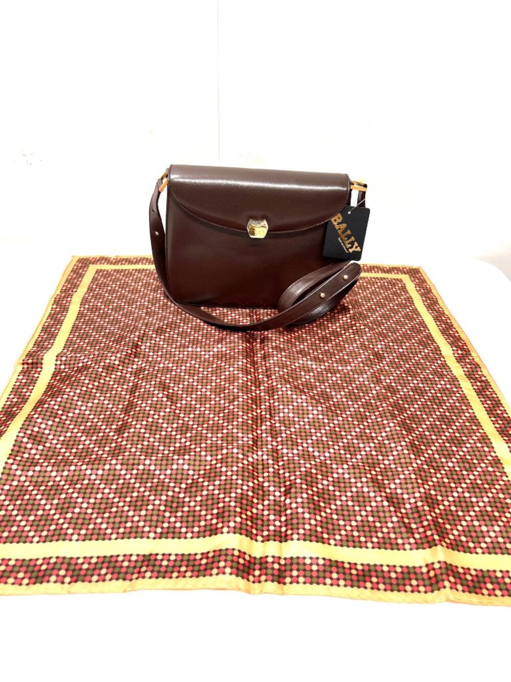 NEW Classic Evening Bally Shoulder Bag Brown Leather +100% Silk Scarf(9 - Picture 15 of 16